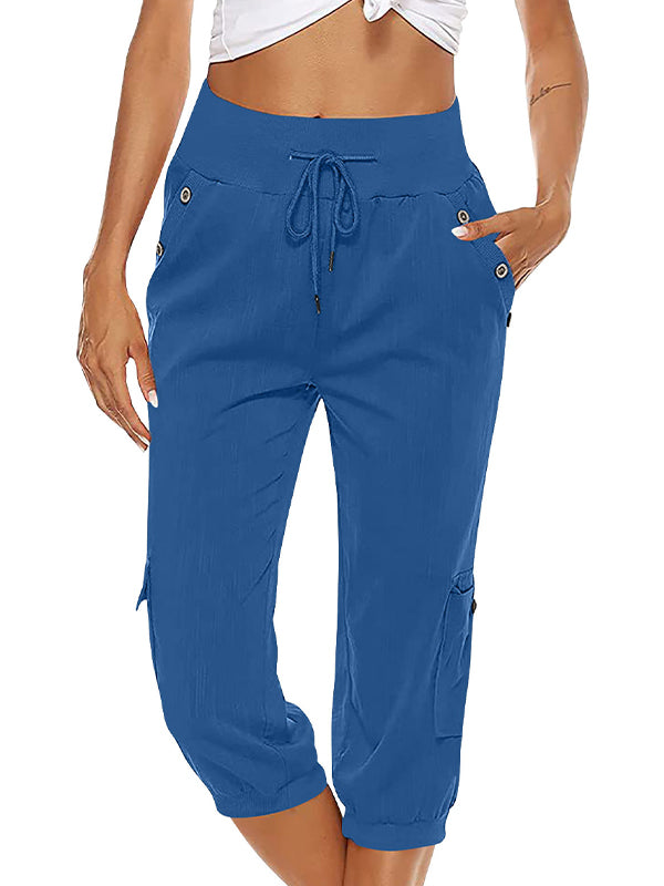 Women's Drawstring Cargo Pants Elastic Waist Casual Capri