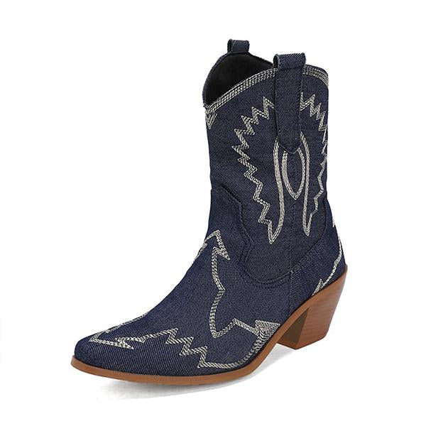 Women's Fashion Denim Embroidered Chunky Heel Booties 38966593S