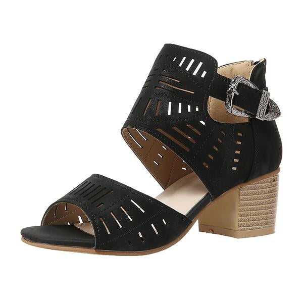 Women's Fashion Hollow Zipper Chunky Heel Sandals 89606513C