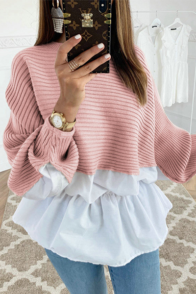 Casual Patchwork Fold Contrast O Neck Tops