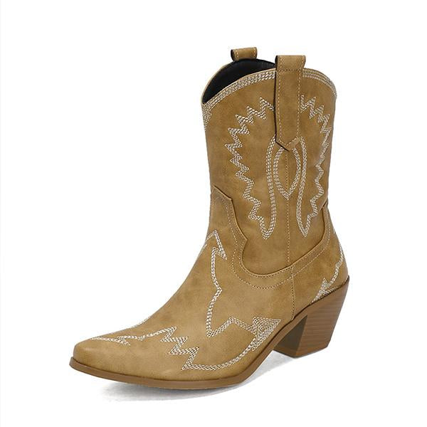 Women's Fashion Denim Embroidered Chunky Heel Booties 38966593S