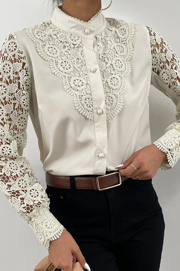Elegant Solid Lace Hollowed Out Buckle Mandarin Collar Tops