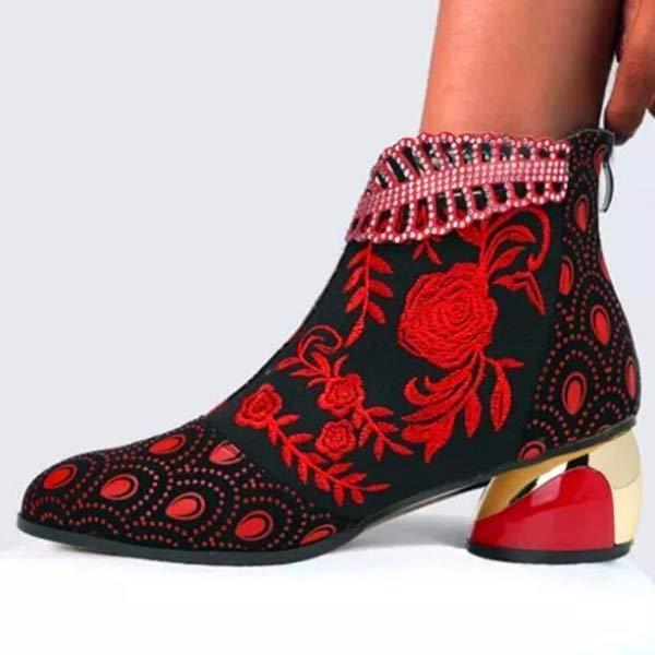 Women's Embroidered Rhinestone Chunky Heel Martin Boots 58815161C