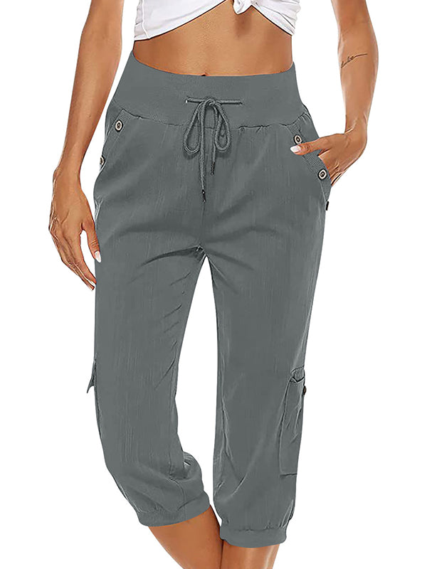 Women's Drawstring Cargo Pants Elastic Waist Casual Capri