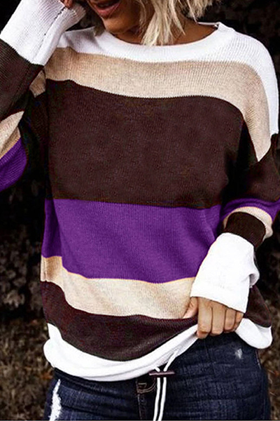 Casual Striped Split Joint Contrast O Neck Tops Sweater