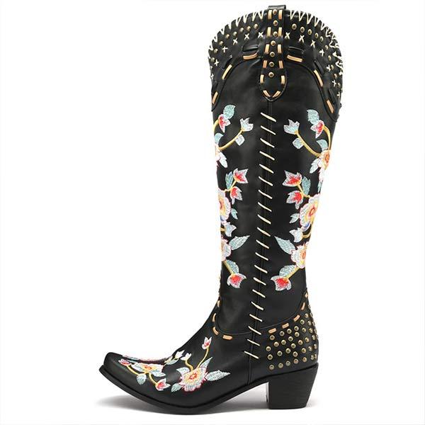 Women's Embroidered High-Calf Mid-Heel Cowboy Boots 17883004C