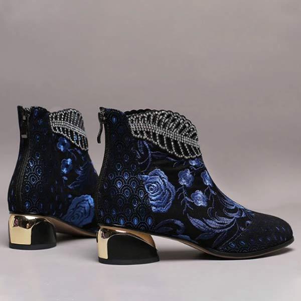 Women's Embroidered Rhinestone Chunky Heel Martin Boots 58815161C