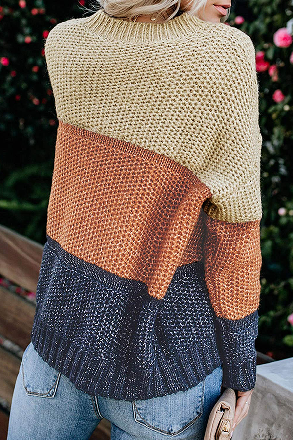 Casual Patchwork Basic Contrast O Neck Tops Sweater