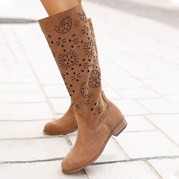 Women's Comfortable Low Heel Embossed Suede High-Calf Boots 49428193C