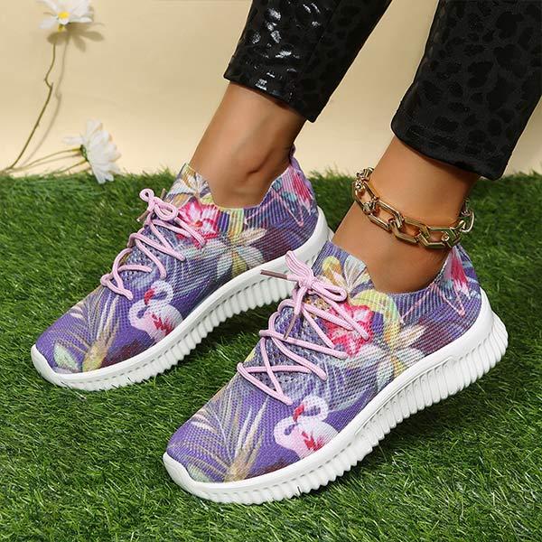 Women's Flat Lace-Up Flying Woven Breathable Printing Graffiti Casual Sneakers 43665814C