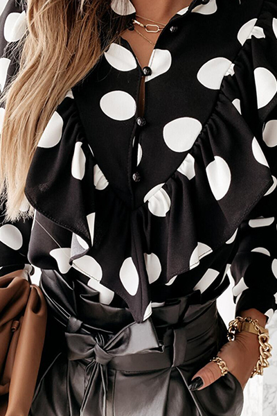 Elegant Print Polka Dot Split Joint Buckle Flounce Mandarin Collar Tops(5 colors)