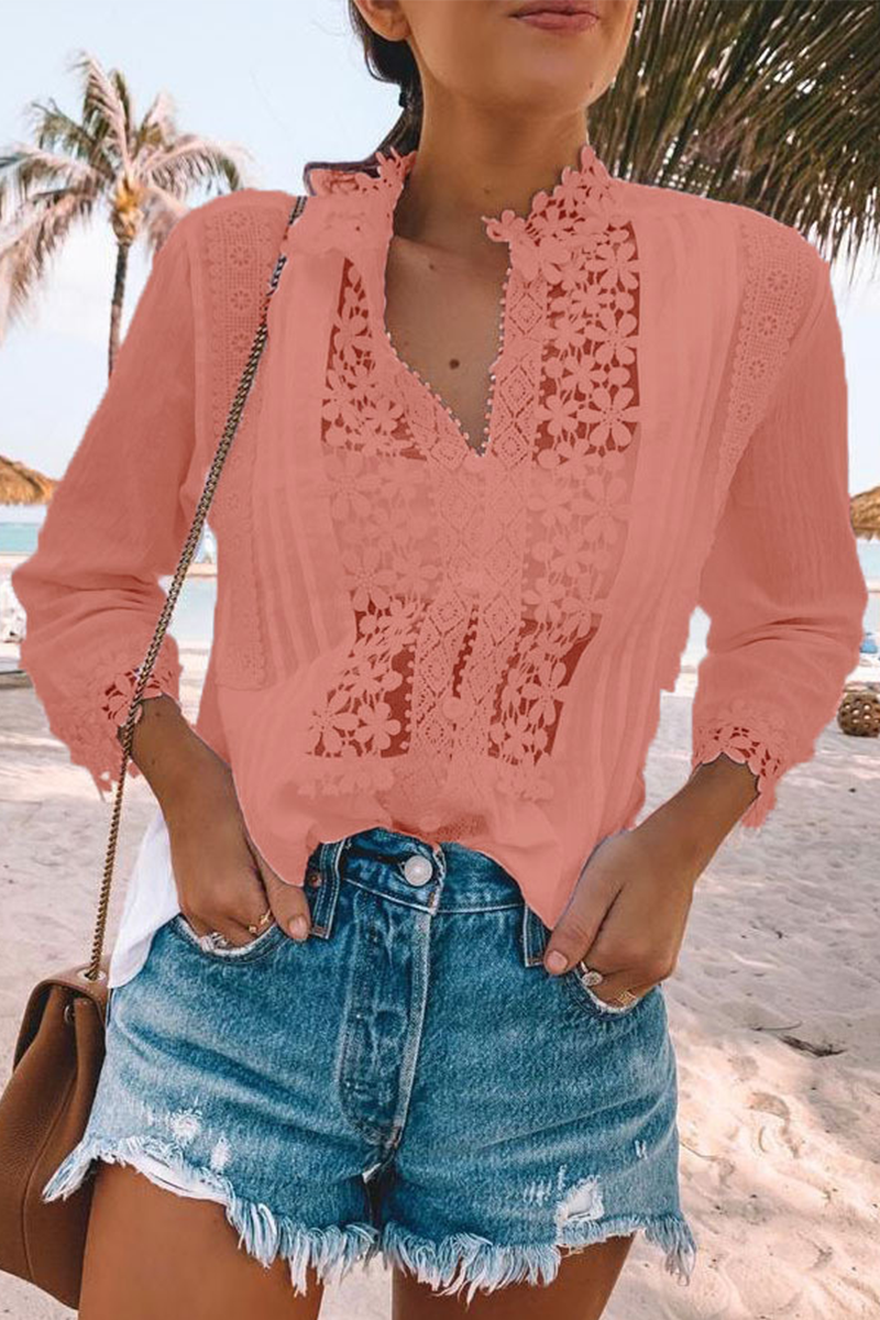 Casual Solid Lace V Neck Tops(4 colors)