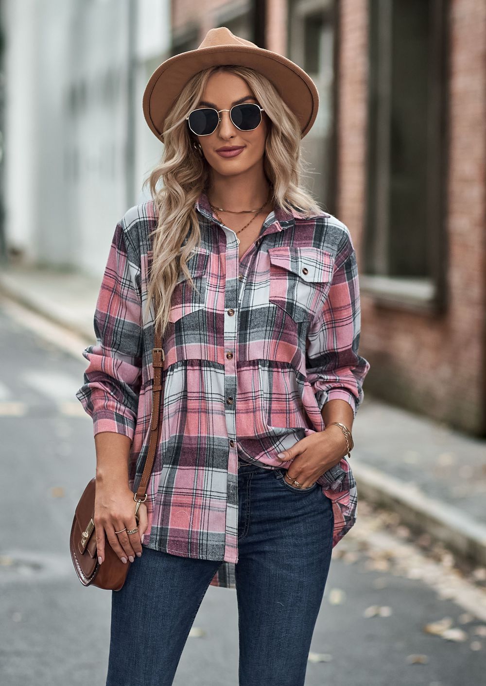 Lapel Long Sleeve Casual Check Shirt
