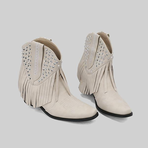 Women's Fashion Tassel Rhinestone Chunky Heel Booties 85018245S