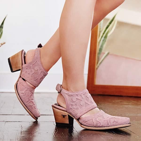 Women's Fashion Embroidered Square Toe Chunky Heel Backless Sandals 95982363C