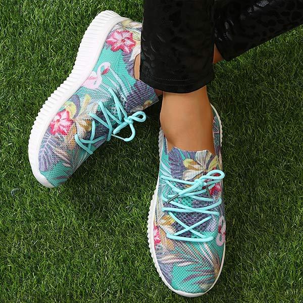 Women's Flat Lace-Up Flying Woven Breathable Printing Graffiti Casual Sneakers 43665814C
