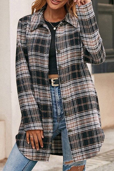 Casual Plaid Patchwork Buckle Turndown Collar Outerwear