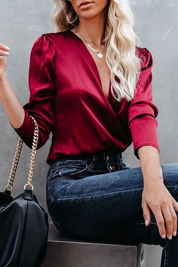 Fashion Elegant Solid Split Joint Fold V Neck Tops