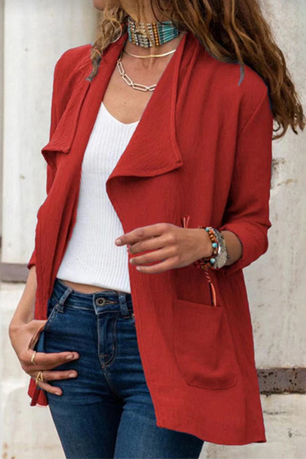 Fashion Casual Solid Split Joint Pocket Turndown Collar Outerwear