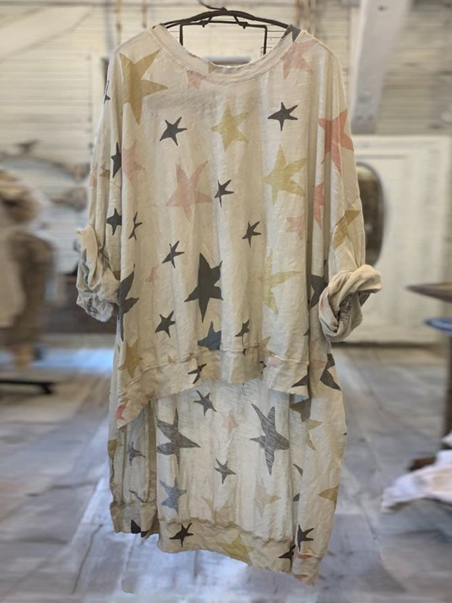 Star Print Casual Style Soft Irregular Hem Top