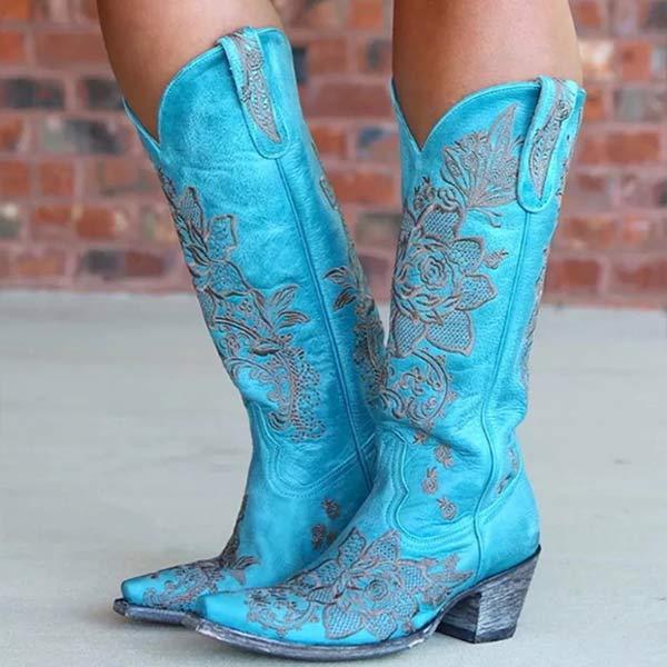 Women'S Embroidered Chunky Heel Rider Boots 59126917C