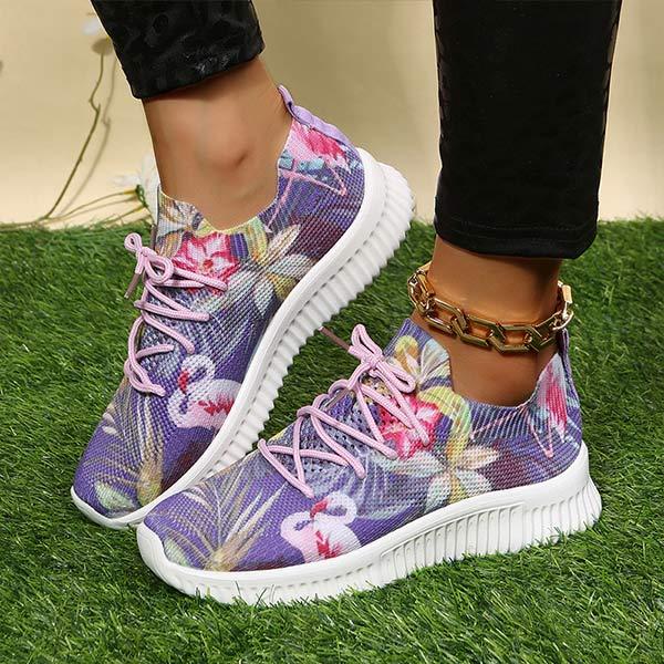 Women's Flat Lace-Up Flying Woven Breathable Printing Graffiti Casual Sneakers 43665814C