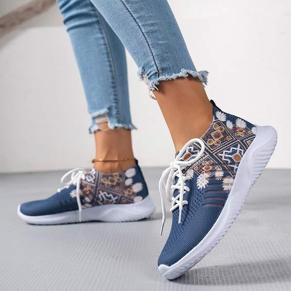 Women's Floral Round Toe Lace-Up Flat Comfortable Mesh Casual Sports Shoes 43567896C