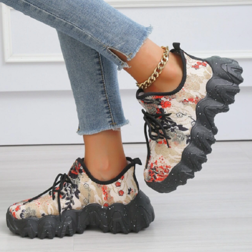 Ladies Round Toe Print Lace-up Sneakers