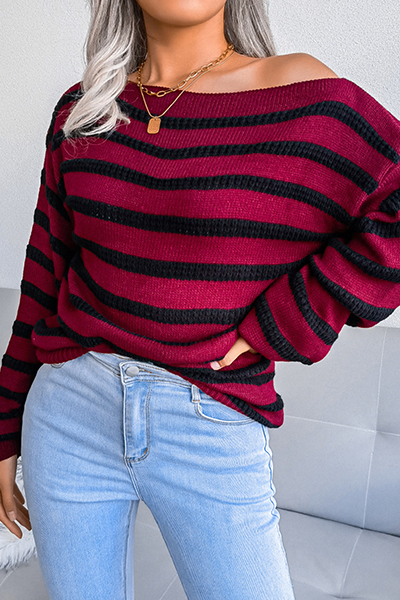 Casual Striped Split Joint Contrast Off the Shoulder Tops