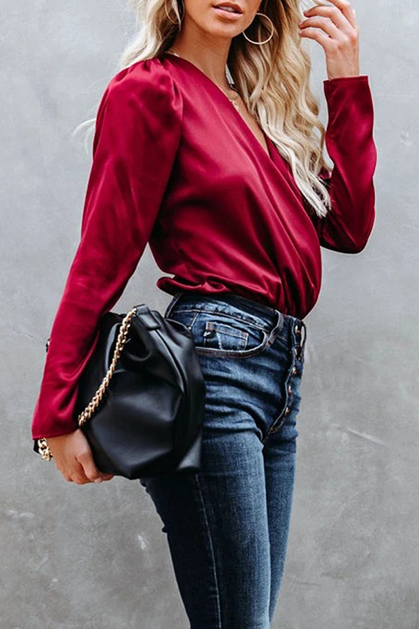 Fashion Elegant Solid Split Joint Fold V Neck Tops