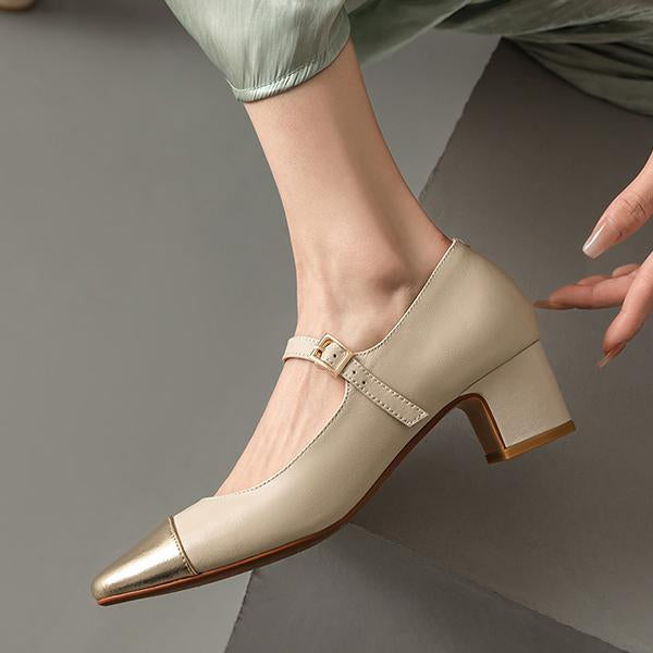 Women's Elegant Colorblock Round Toe Chunky Heels 77782268C