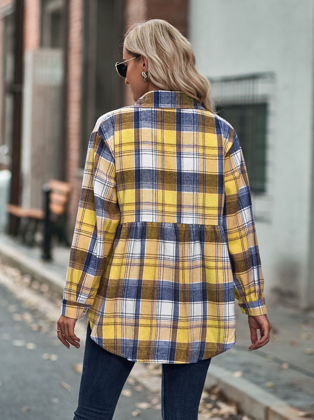 Lapel Long Sleeve Casual Check Shirt