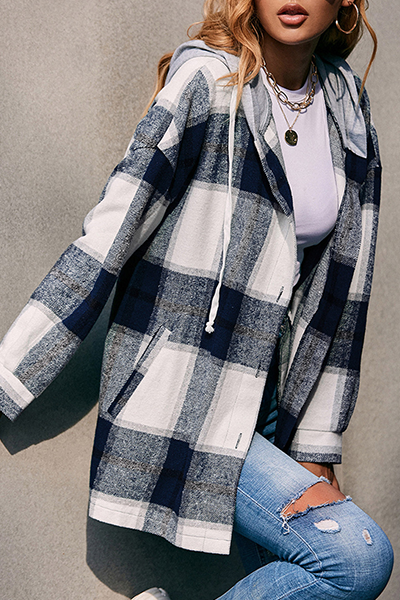 Casual Plaid Draw String Buckle Hooded Collar Outerwear