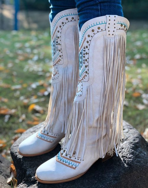 Rhinestone Tassel Square Toe Rider Boots