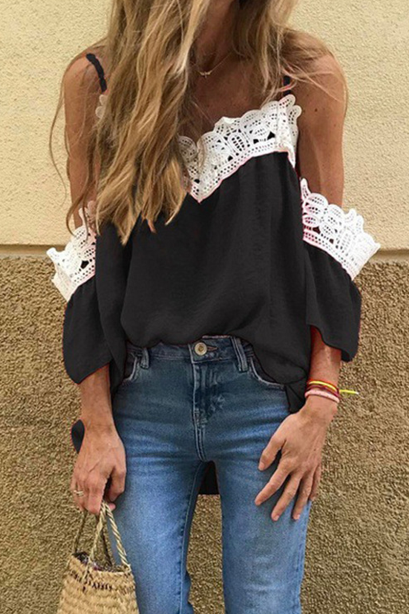 Fashion Elegant Patchwork Lace Contrast V Neck T-Shirts(4 Colors)