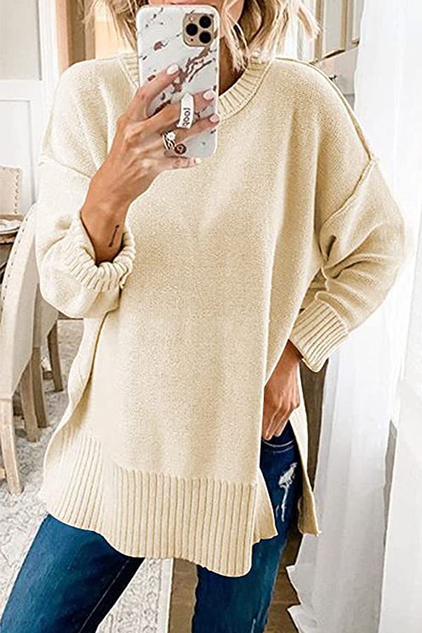 Casual Solid Patchwork Slit O Neck Tops Sweater
