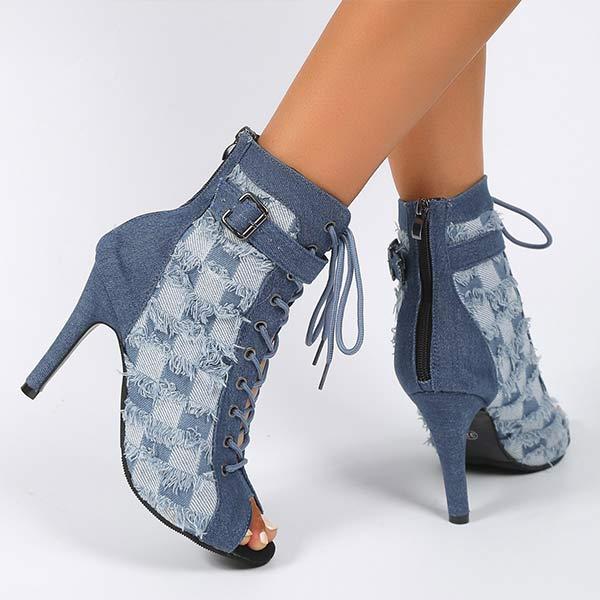 Women's Lace-Up Belt Buckle Small Checkered Denim Blue Sandals 36976940C