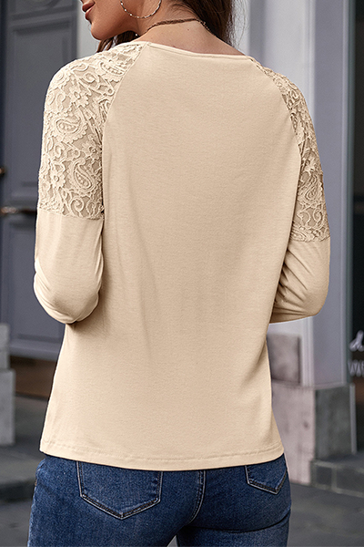 Casual Patchwork Lace Hollowed Out O Neck Tops