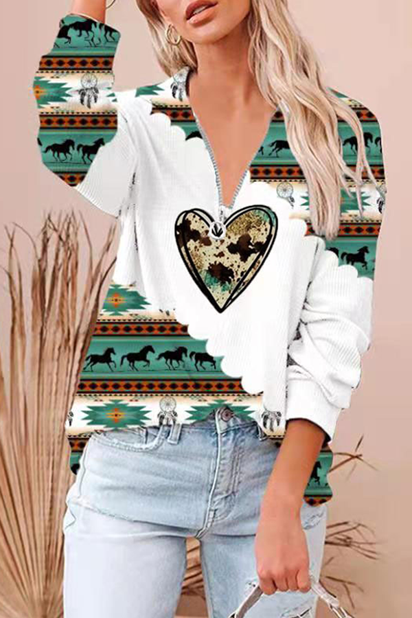 Fashion Casual Geometric Split Joint Zipper Turndown Collar Tops