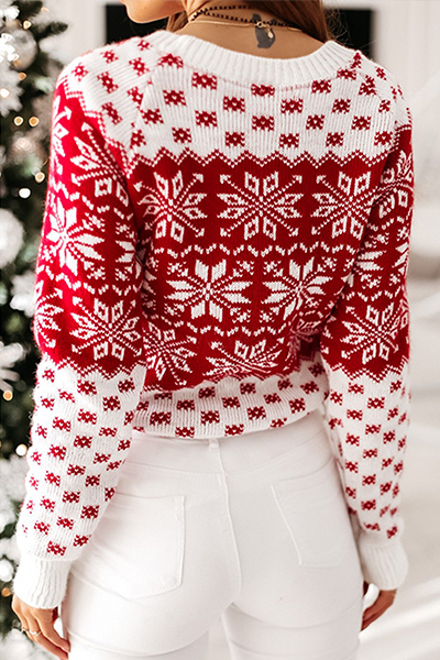 Casual Snowflakes Contrast O Neck Tops Sweater