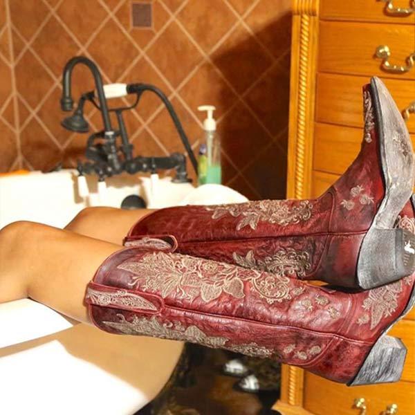 Women'S Embroidered Chunky Heel Rider Boots 59126917C