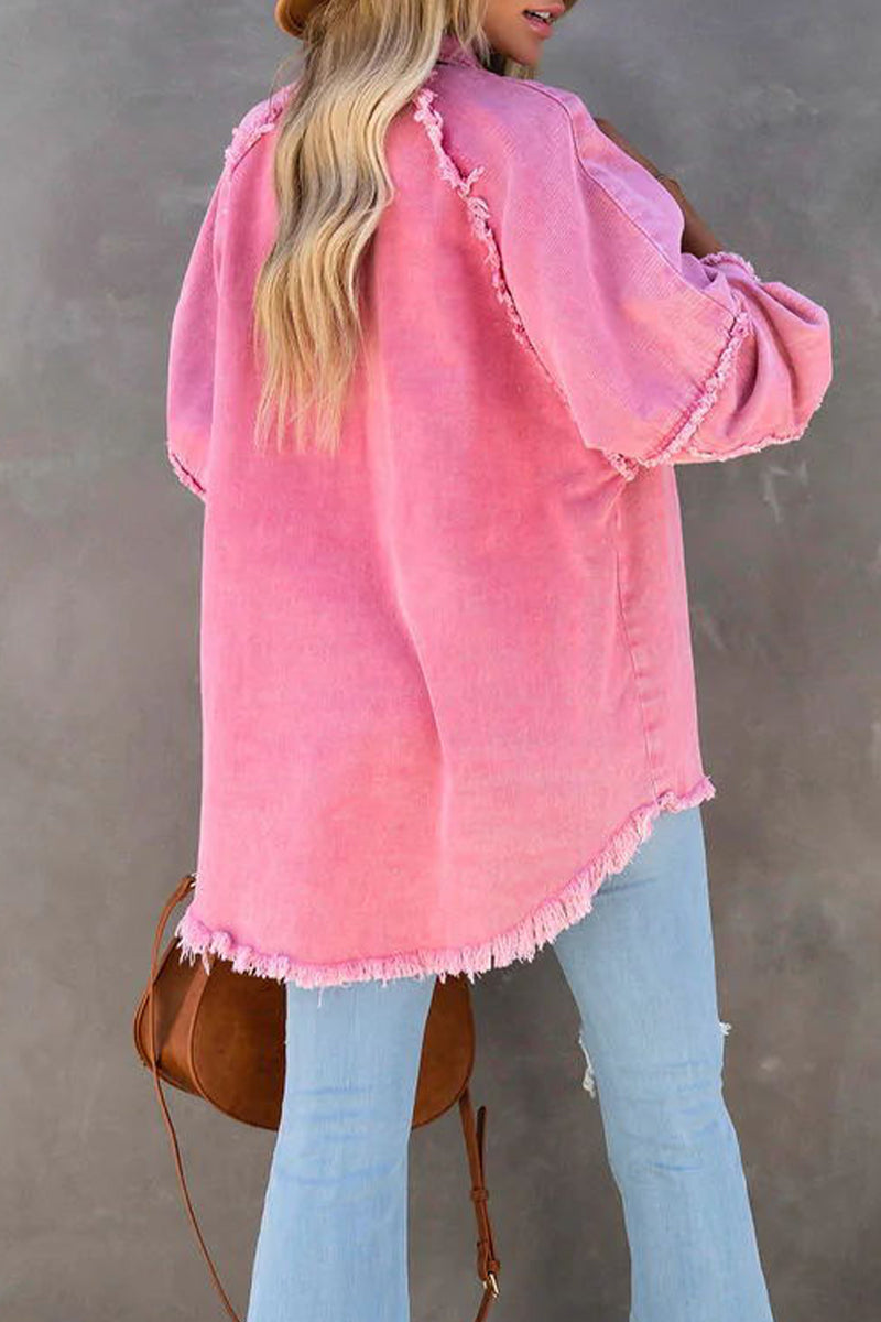 Fashion Casual Solid Tassel POLO collar Long Sleeve Straight Denim Jacket(3 Colors)