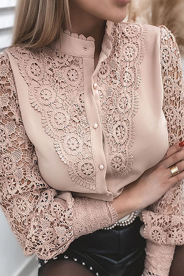 Elegant Solid Lace Hollowed Out Buckle Mandarin Collar Tops