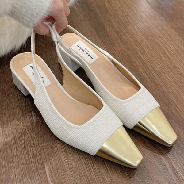 Women's Fashion Retro Square Toe Block Color Chunky Heels 86071368C