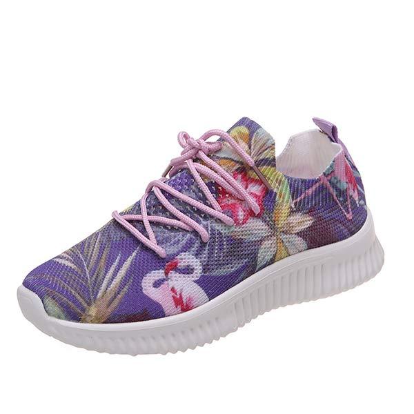 Women's Flat Lace-Up Flying Woven Breathable Printing Graffiti Casual Sneakers 43665814C