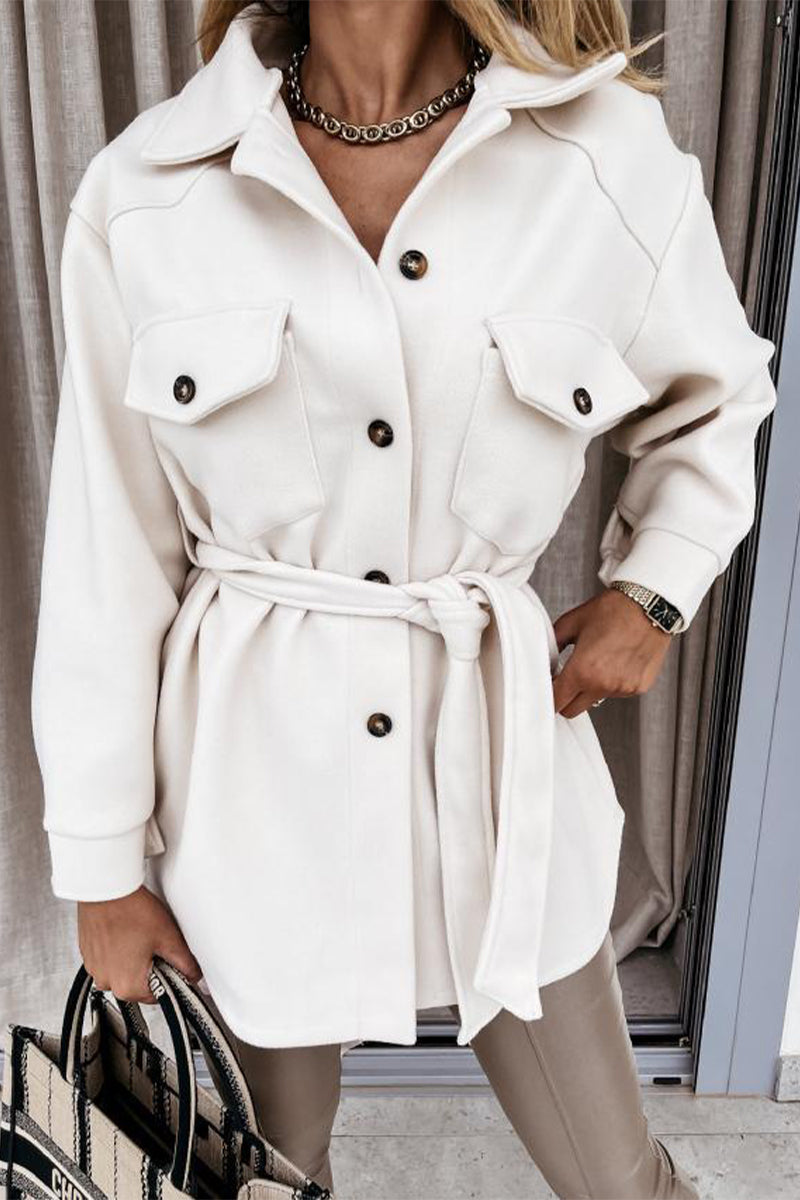 Solid With Belt Turn-back Collar Outerwear(8 Colors)