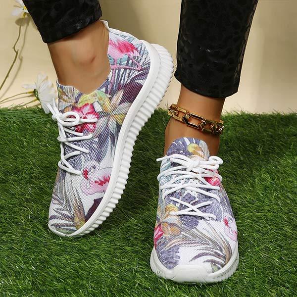 Women's Flat Lace-Up Flying Woven Breathable Printing Graffiti Casual Sneakers 43665814C