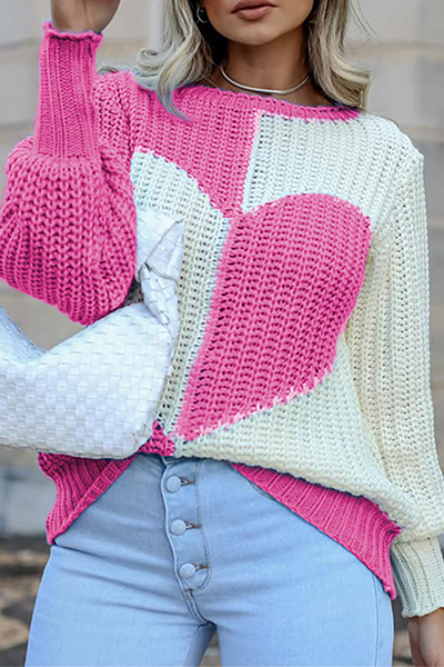 Casual Patchwork Contrast O Neck Tops Sweater