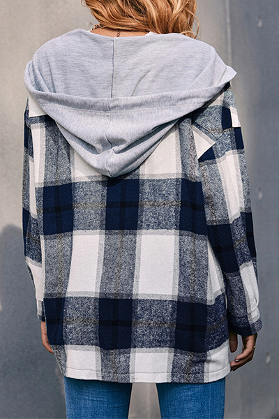Casual Plaid Draw String Buckle Hooded Collar Outerwear