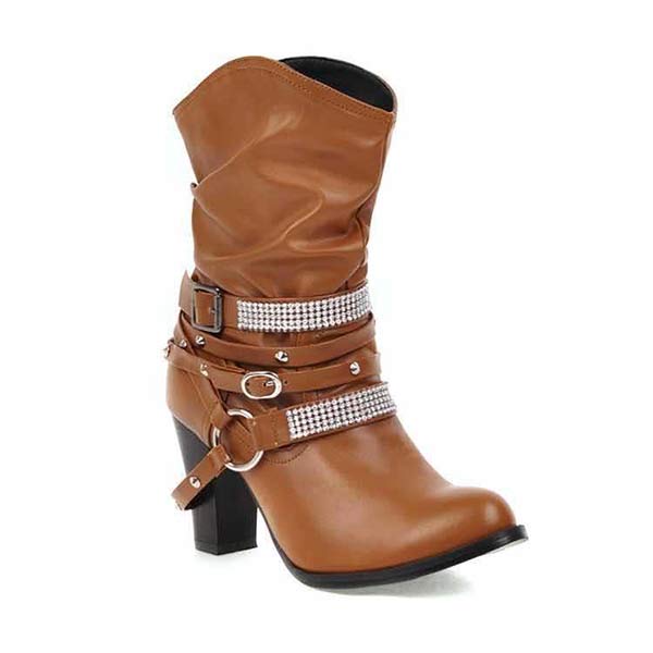 Women'S Chunky Heel Rhinestone Belt Buckle Round Toe Boots 02680696C